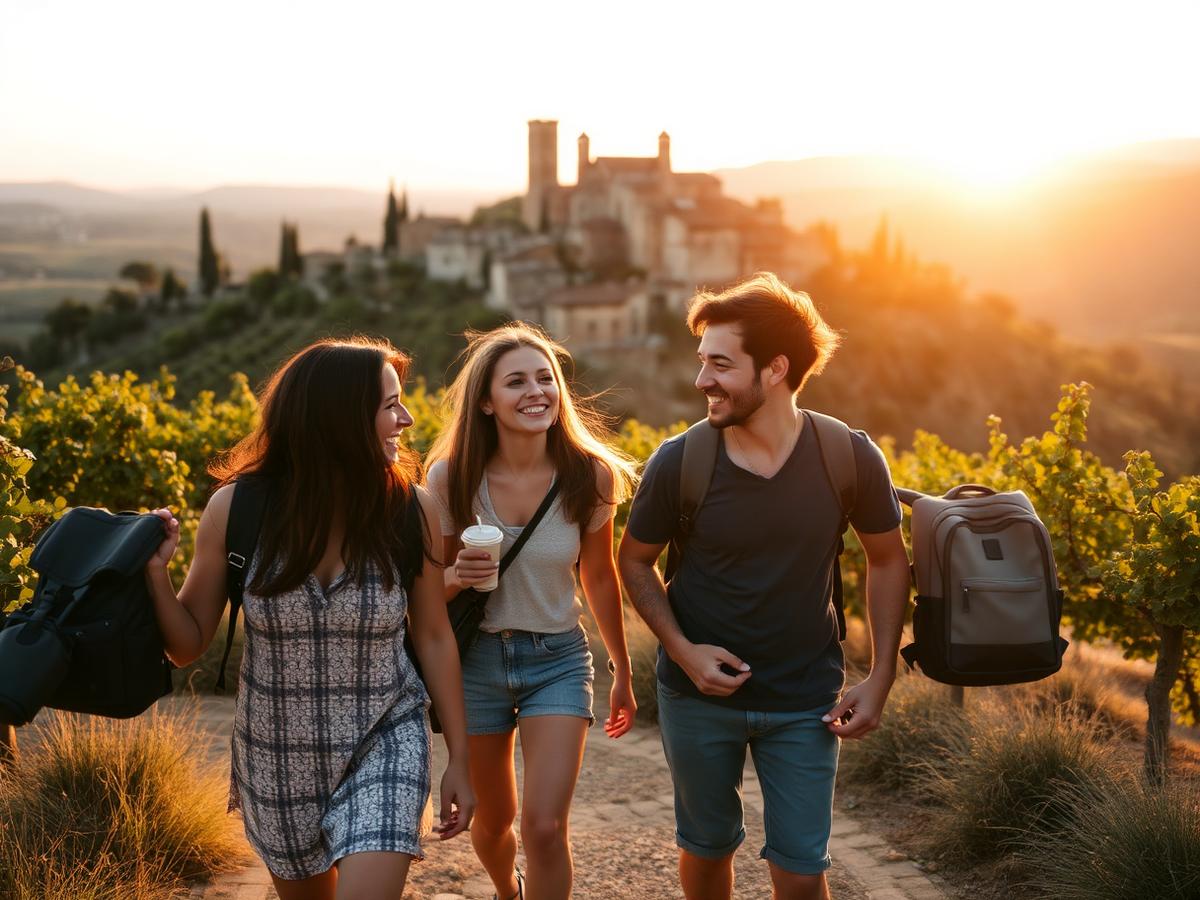 Viaggiatori camminano in un borgo toscano al tramonto