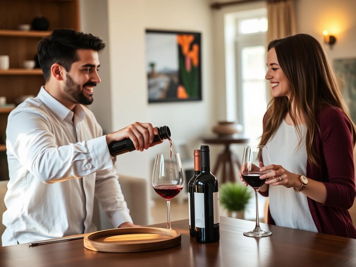 Sommelier che versa vino per due ospiti a casa